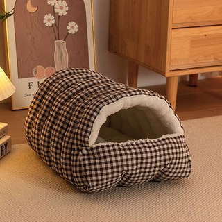 달리발리 체크 쿠션 애완동물 하우스 동굴형 포근한 뽀글이 양털 강아지 고양이 숨숨집 퀼팅 침낭, 체크쿠션하우스 브라운