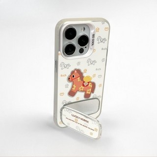 新年元寶小馬 防摔手機殼, 彩銀殼 白老花元寶馬+鏡子支架,三星A14 5G, 1個