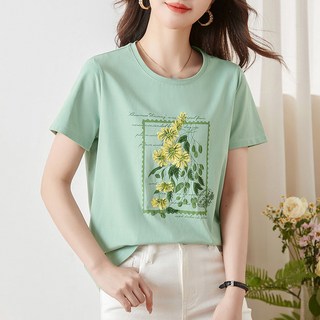 AOKADA 여성 라운드 루즈핏 반팔 티셔츠 프린티 플라워 여름 면티 기본티 이너티
