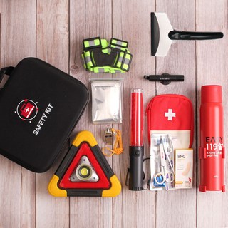 차량안전키트 소화기 세트 2차사고예방 자동차 비상 탈출 망치 안전삼각대 경광봉 새차선물, 7종 + 차량용소화기 걸이형 레드, 1개