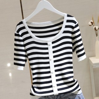 해피유통 여성 얇은 니트 반팔티 풀오버 스퀘어넥 반팔 톱 jhljq