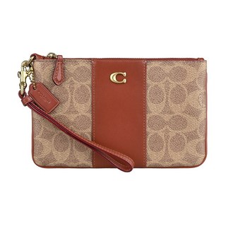 COACH Signature黃銅C字LOGO滿版印花PVC拼接牛皮拉鍊手拿包(焦糖棕x卡其x銹紅)