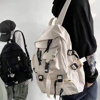 書包女ins雙肩包 初中生大容量高中霸氣高顏值百搭時尚潮流揹包男, 加強版黑【全新升級大容量+整體加固】,三個掛件【無包】