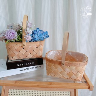 手提防水編織籃 竹編花籃 水果籃 野餐籃 插花盆器 禮物包裝, 1個