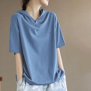 라부라카 여름 중년여성 후드 반팔 티셔츠 빅사이즈 캐주얼 순면 후드티 루즈핏 상의 30 50대 기질 심플 무지 반팔 여자상의