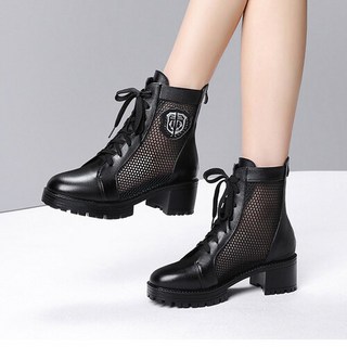 지디오 여성 메쉬 워커 가죽 부츠 키높이 5CM 통굽 레이스업 망사 여름 앵클부츠