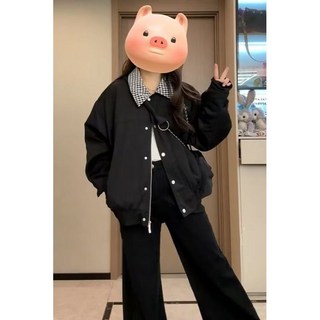 美式拼接翻領黑色棒球外套女款 - 寬鬆休閒夾克
