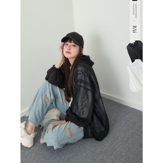 緹花雪紡連帽襯衫／半透繡花開釦外套，輕盈透氣，半透明繡花，寬鬆版型，多樣穿搭