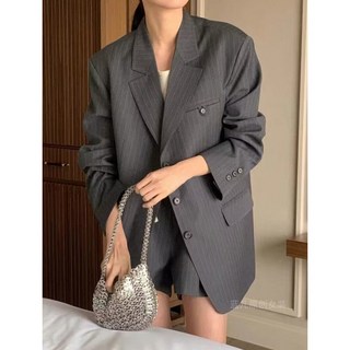 復古灰色條紋西裝外套 女 寬鬆休閒廓形西服