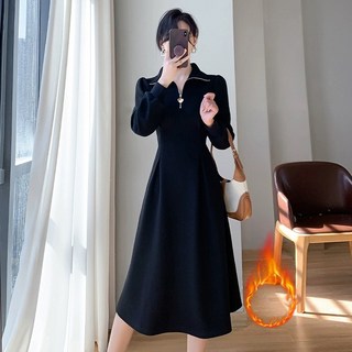 POMTOR 여성 가을 겨울 빅사이즈 롱 원피스 기모 허리 조임 슬림핏 카라 A라인 원피스