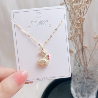 鴻利首飾廠 鈦鋼真金電鍍微鑲鏤空招財小錢袋吊墜鎖骨鏈福氣滿滿福袋項鏈