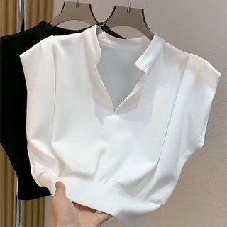 無袖立領襯衫女 韓版T恤短款上衣 白色法式港風背心 - 夏季新款