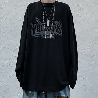 韓國ins春秋韓版原宿暗黑火焰字母印花寬鬆長袖t恤男2025新款上衣