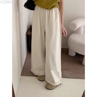 十三行 春季韓系甜美減齡學院風木耳花邊設計感休閒寬鬆闊腿褲女