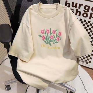 短袖爆款原創純色圖案印花潮流純棉T恤女圓領百搭款遮肉