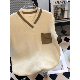 秋冬季V領毛衣馬甲男士日系潮流拼色疊穿坎肩寬鬆情侶針織衫背心