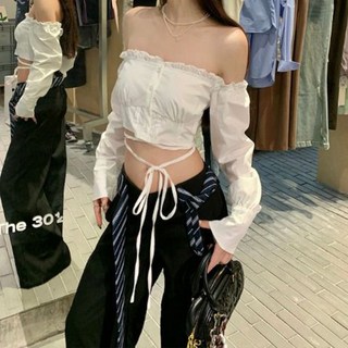 韓系白色一字肩襯衫 春季設計感小衆露肩短款上衣