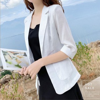 S-5XL 大尺碼棉麻小西裝外套女 夏季薄款防晒修身亞麻西服外套 七分袖西裝外套 適合170公斤