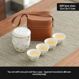 전통찻잔 휴대용 세라믹 공부 차 세트 캠핑 및 야외 활동용 소형 키트, 51)한식 한솥과 네 잔 - 산과 산 갈색 가죽 핸