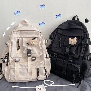 韓版原宿ulzzang復古工裝雙肩包 男女學生書包ins風 初高中生適用 潮流雙肩背包, 藍色（收藏下單送小禮物）,單個書包+羞羞熊