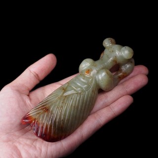 博古珍藏 和闐玉雕蟬把玩 紅山文化器型 183公克 早期收藏