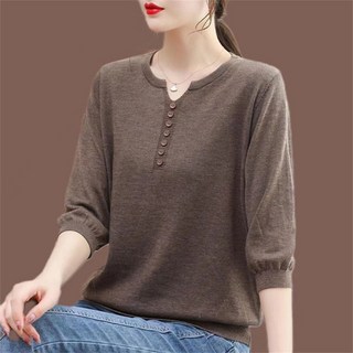 Vezri 중년 여성용 가을겨울 루즈핏 심플 7부소매 니트티 엄마옷