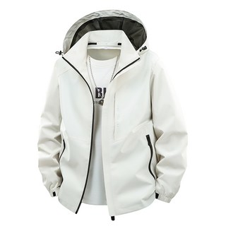 春秋季登山夾克男寬鬆加肥加大尺碼外套，時尚多口袋耐磨防風沖鋒衣