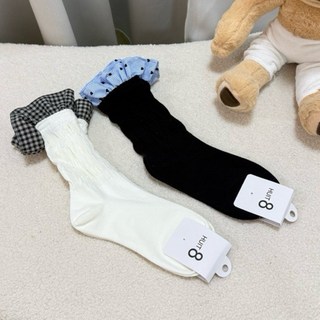 韓國 東大門 中筒襪 拼接格子花邊襪 甜美學院風 女襪