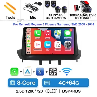 르노 메간 3 플루언스 2008-2014 차량용 라디오 멀티미디어 플레이어 네비게이션 스테레오 DVD 헤드 유닛 W, 07 4G-64G 360 DVR