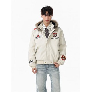 男士藏青色連帽毛領棉衣外套 潮流徽章刺繡夾克風衣 短款保暖運動棉服棉大衣