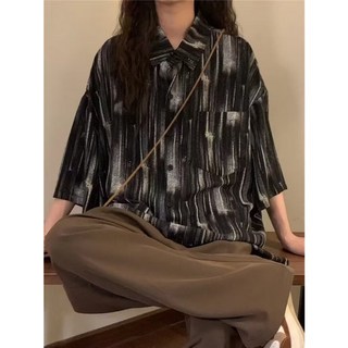 復古數位印花條紋短袖襯衫 寬鬆沙灘襯衣 男女學院風休閑鹽系VIBE穿搭