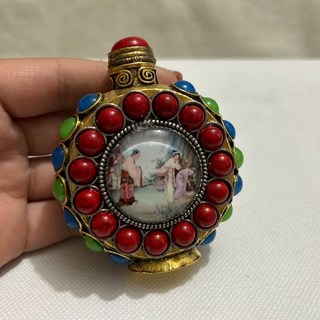 內畫嵌寶老式鼻煙壺 夜光玉石 古董文玩收藏擺件 高7.5公分, 如圖所示, 1個