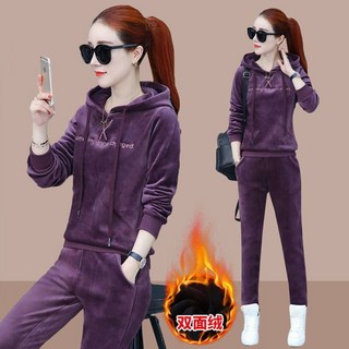 運動套裝女春秋季休閑時尚大碼衛衣女 時尚套裝女秋冬休閑金絲絨運動服寬松顯瘦連帽加絨加厚兩件套