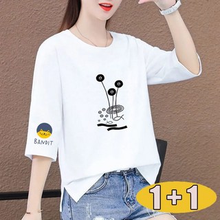 1+1 빅사이즈 여성 여름 프린트 반팔티 루즈 오버 옆트임 라운드 반팔 티셔츠 상의