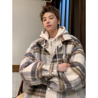 美式假兩件格紋連帽棉衣 男款 秋冬新款 加厚保暖復古刷毛外套