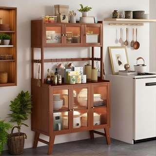 FONOW 다용도 빈티지 주방 수납장 찬장 전자레인지 커피기 진열 테이블 장식장 거실 가구, 빈티지 우드 컬러, 5단