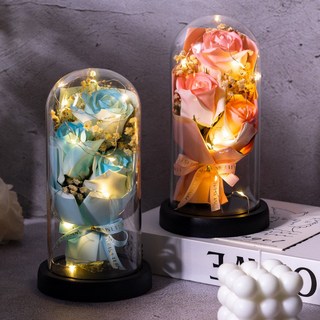 永生花燈罩花束禮物：節日送媽媽永生玫瑰滿天星乾花創意生日禮品擺件, 碎冰藍3朵玫瑰（亞克力罩+燈串+禮,需自己組裝詳情看主圖視頻或者聯繫客服