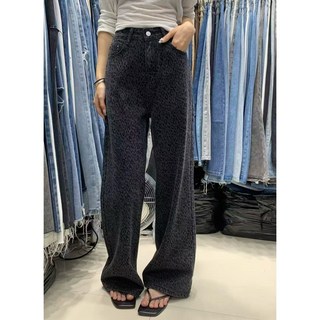【CHILL】豹紋高腰顯瘦直筒褲 微落地褲 休閒百搭長褲 牛仔寬褲 女生闊腿褲