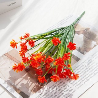 【Sunday】仿真塑膠假花 滿天星假花 玫瑰花束 春草茶花 田園花 家居裝飾花 插花 拍攝道具 法文袋 抱抱袋花束, 橘色, 1個