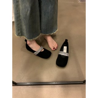 [ 免運]瑪莉珍鞋 娃娃鞋 小方頭 軟皮淺口奶奶鞋 水鑽帶芭蕾風瑪麗珍鞋春秋方頭淺口百搭平底法式溫柔單鞋, 黑色,38