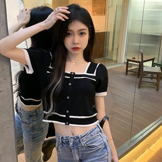 方領小香風針織衫 春夏新款短袖上衣