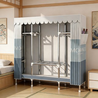 [시스슈] 강화 철제 프레임 3단 이동식 행거 | 먼지방지 커튼 일체+하단 대용량 수납, 남회색