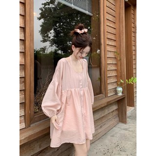 甜美設計感燈籠袖連衣裙女2025秋季新款寬鬆單排扣長袖娃娃裙chic, 粉色的吊帶,m