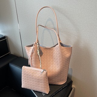 跨境春季新款質感編織紋通勤休閒大容量托特包純色簡約手提子母包