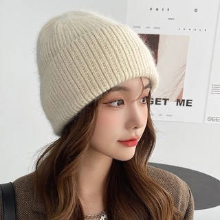 秋冬百搭休閒純色加絨兔毛帽子女卷邊護耳針織帽 柔軟兔毛材質 加絨保暖 時尚百搭