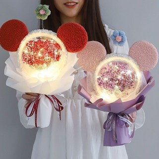 高顏值生日禮物：滿天星永生花玩偶花束，送女生女友閨蜜，紀念老師的真摯心意, 紅色滿天星+米奇發箍+袋+燈