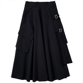 해피유통 여성 언밸런스 블랙 카고 스커트 미디 하이웨스트 a라인 스커트 jhj