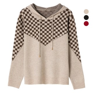 에쥬아 후드 풀오버 니트 체크 스트링 니트스웨터 캐주얼룩