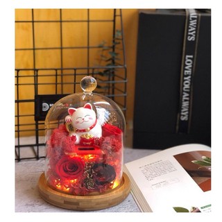 招財貓永生花許願瓶 交換禮物 節日祝福 開業禮物 玫瑰花創意擺件禮品, 加大款紅色