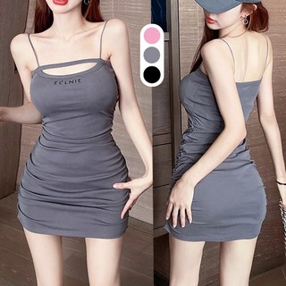 SISI【D23054】性感細肩帶無袖鏤空一字領連衣裙：顯胸露鎖骨、褶皺顯瘦包臀裙，春夏辣妹必備, 粉,XL, 粉